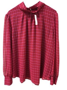Ann Taylor Red and Pink Houndstooth Mock-Neck Blouse XXL